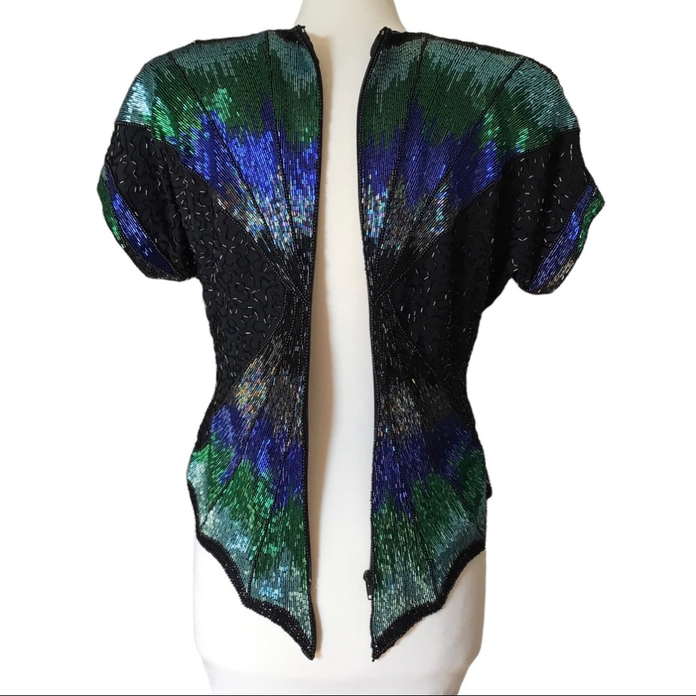 Vintage Oleg Cassini Beaded Back Zip Spider Web Evening Top - Picture 3 of 16